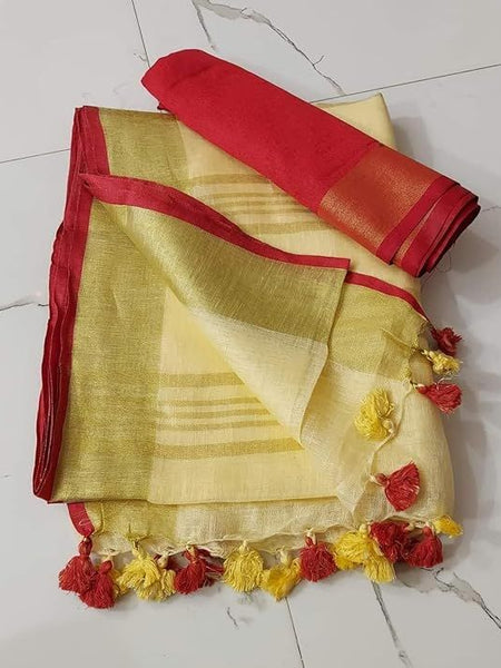 Handloom Bhagalpuri Linen Cotton Blend Contrast Border Saree for Women (12623 Gold-Creame-Red)