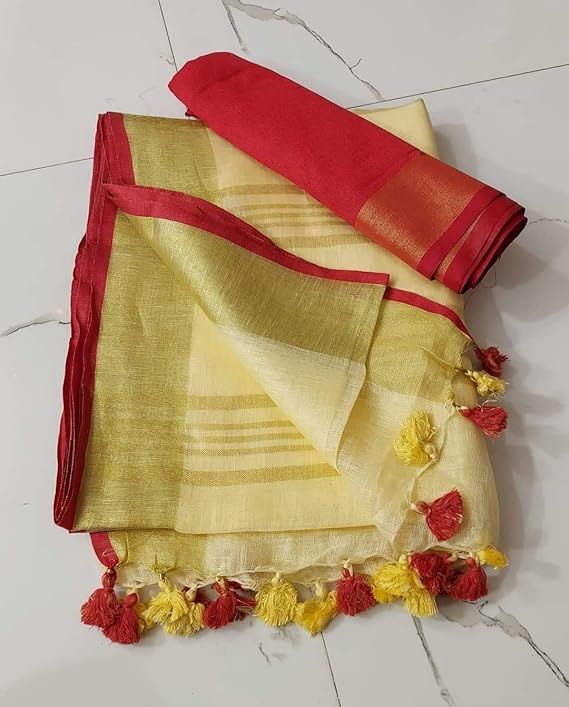 Handloom Bhagalpuri Linen Cotton Blend Contrast Border Saree for Women (12623 Gold-Creame-Red)