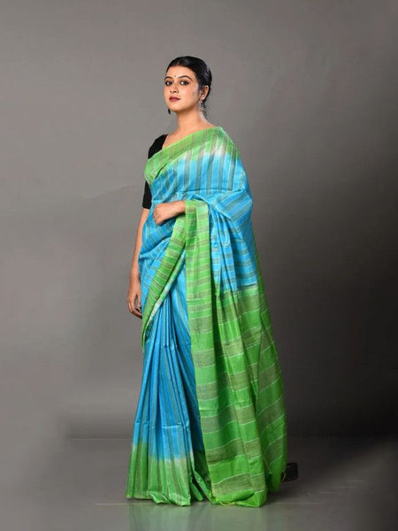 Two Dye Handloom Bhagalpuri Striped Semi Tussar Silk Saree (Fountain_Cyan & Mantris_Green) - View 2