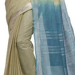 Yuma Tan & Cerulean Blue women's Handloom Bhagalpuri Linen Cotton Slub Blend Two Dye Saree With Running Unstitched Blouse Piece - View 6