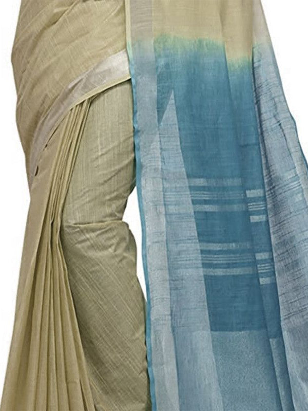 Yuma Tan & Cerulean Blue women's Handloom Bhagalpuri Linen Cotton Slub Blend Two Dye Saree With Running Unstitched Blouse Piece - View 6