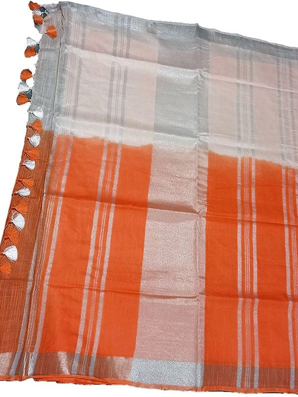 Orange women's Bhagalpuri Linen-Slub Blend Two Dye Saree With Blouse Piece - View 6