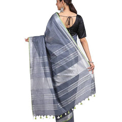 Linen Cotton Blend Contrast Handloom Bhagalpuri Saree (Grey-Parrot_Green) - View 3