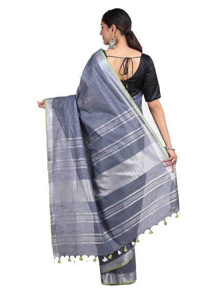 Linen Cotton Blend Contrast Handloom Bhagalpuri Saree (Grey-Parrot_Green) - View 3