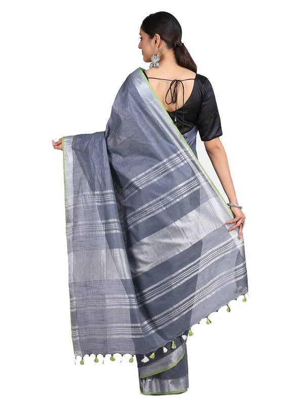 Linen Cotton Blend Contrast Handloom Bhagalpuri Saree (Grey-Parrot_Green) - View 3