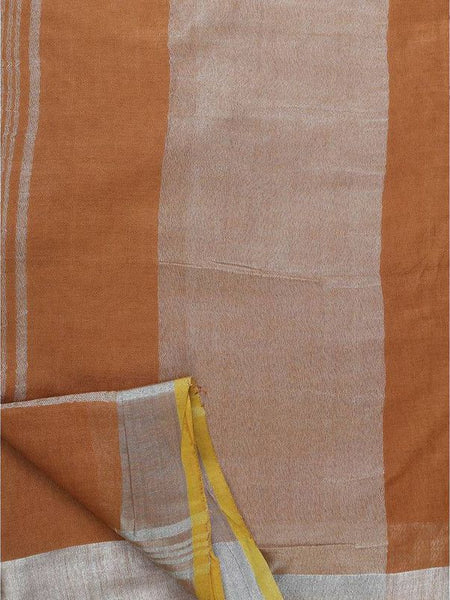 Linen Cotton Blend Contrast Handloom Bhagalpuri Saree (Taceoi_Brown-Yellow) - View 4