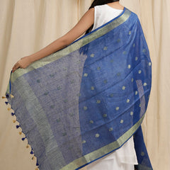 Bhagalpuri Handloom Linen Dupatta with Gold Weaving Motif (Blue) - View 3