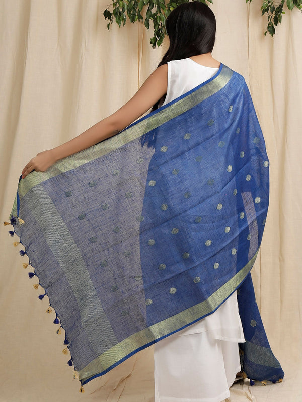 Bhagalpuri Handloom Linen Dupatta with Gold Weaving Motif (Blue) - View 3