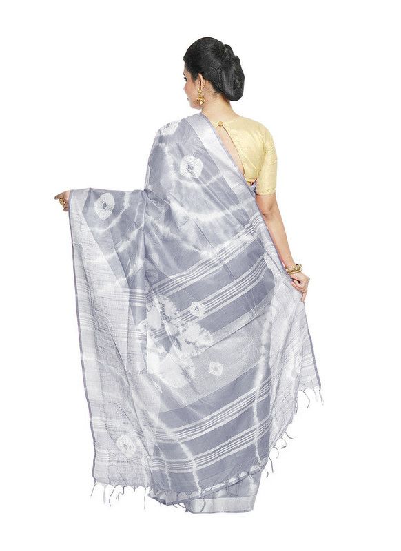 Grey women's Bhagalpuri Handloom Linen Blend Tie-Dye (Sibory Dye) Saree With Running Unstiched Blouse Piece - View 3