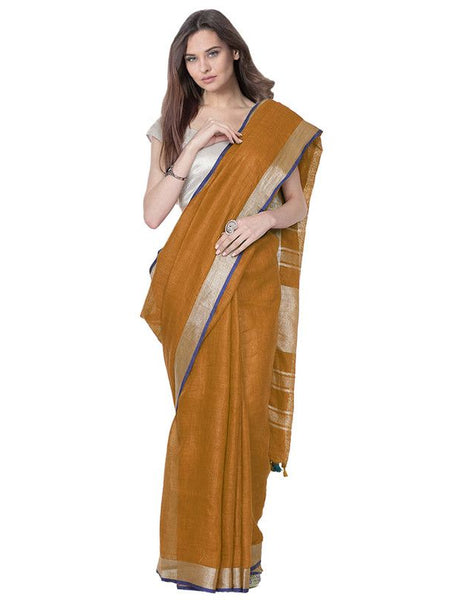 Ochre Brown women's Bhagalpuri Handloom Cotton Linen Blend Saree With Contrast Unstiched Blouse Piece