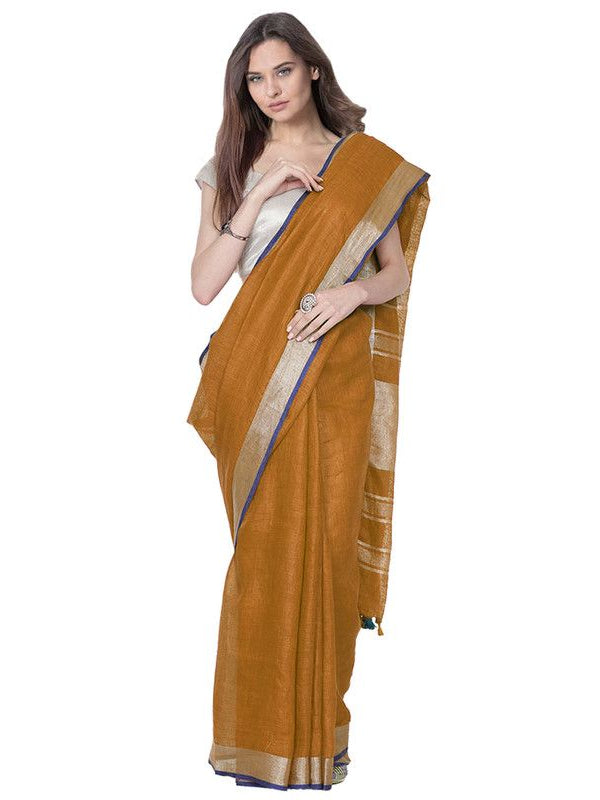 Ochre Brown women's Bhagalpuri Handloom Cotton Linen Blend Saree With Contrast Unstiched Blouse Piece