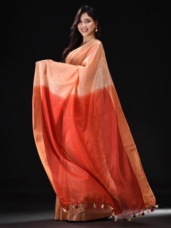 Handloom women'sBhagalpuri Tussar Munga Silk Blend Two Dye Saree (Aprict_Orange & Terry_Red) - View 3