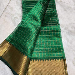 Cotton Silk Handloom Bhagalpuri Wide Border Check Saree (Gold-Jewel_Green)