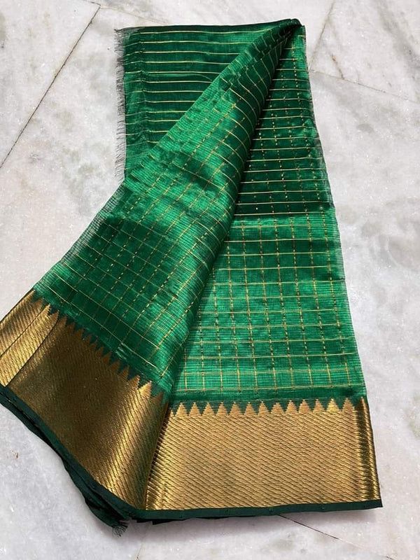 Cotton Silk Handloom Bhagalpuri Wide Border Check Saree (Gold-Jewel_Green)