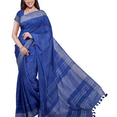 Cobalt Blue women's Bhagalpuri Handloom Linen Blend Saree And Variation Of Colors With Running Unstiched Blouse Piece