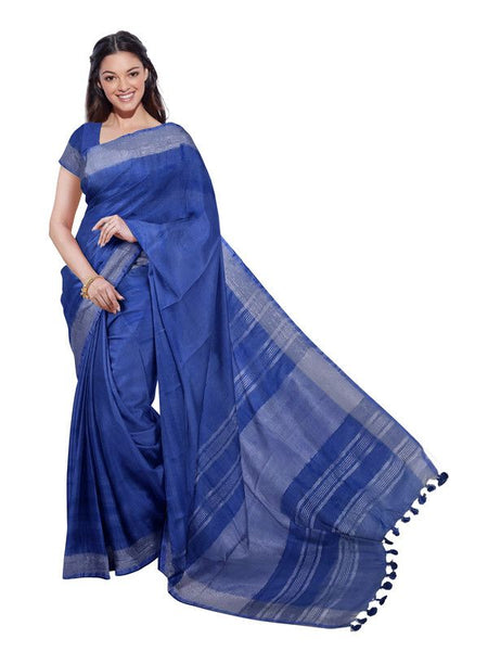 Cobalt Blue women's Bhagalpuri Handloom Linen Blend Saree And Variation Of Colors With Running Unstiched Blouse Piece