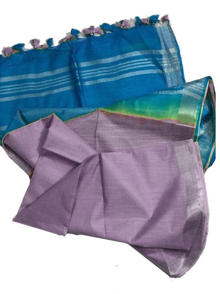 Mooonstone Cyan & Rosy Grey women's Bhagalpuri Ethnic Wear Handloom Cotton Linen Blend Zari Border Two Dye Saree With Running Unstitched Blouse Piece