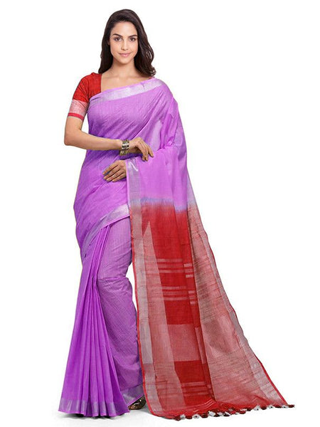 Orachid Magenta & Red women's Bhagalpuri Handloom Linen Slub Blend Two Dye Saree With Running Unstitched Blouse Piece - View 2
