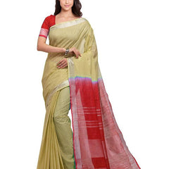 Buff Brown & Red women's Bhagalpuri Handloom Linen Slub Blend Two Dye Saree With Running Unstitched Blouse Piece