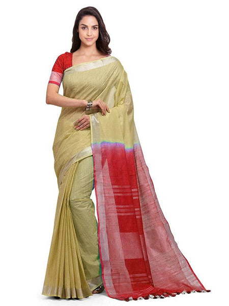 Buff Brown & Red women's Bhagalpuri Handloom Linen Slub Blend Two Dye Saree With Running Unstitched Blouse Piece