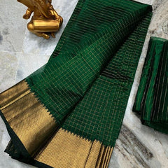 Cotton Silk Handloom Bhagalpuri Wide Border Check Saree (Gold-British_Green) - View 2