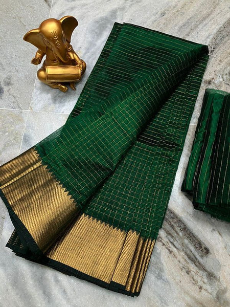 Cotton Silk Handloom Bhagalpuri Wide Border Check Saree (Gold-British_Green) - View 2