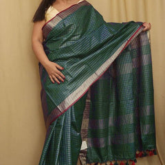 Handloom Bhagalpuri Linen Cotton Blend Contrast Check Saree