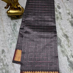 Cotton Silk Handloom Bhgalpuri Check Saree with Gold Zari Border with Blouse Piece for Women (100168 Grey)