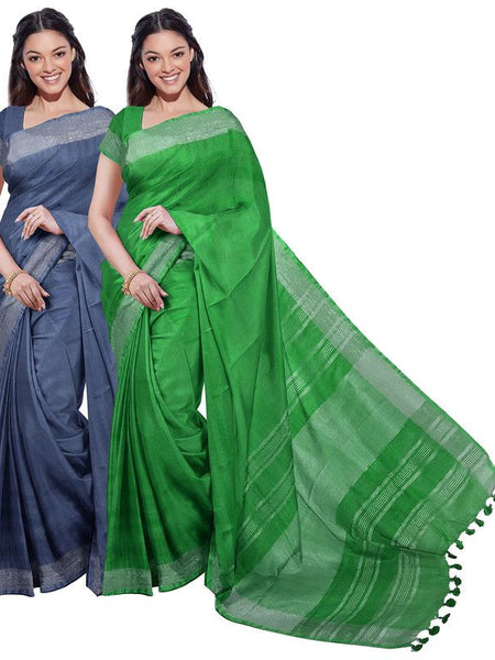 Bhagalpuri Handloom Cotton-Linen Blend Saree Combo (Pack Of 2) With Running Unstiched Blouse Piece