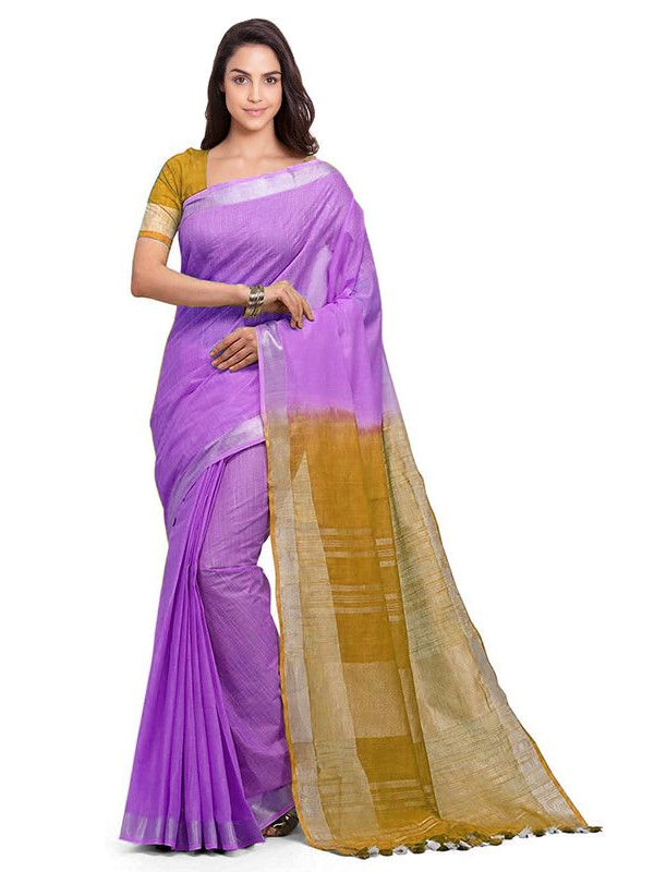 Lilac Purple & Golden Brown women's Bhagalpuri Handloom Ethnic Wear Linen Two Dye Saree With Running Unstitched Blouse Piece