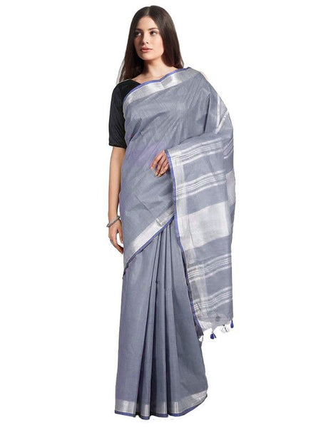 Grey women's Bhagalpuri Handloom Linen-Slub Saree With Contrast Blouse Piece
