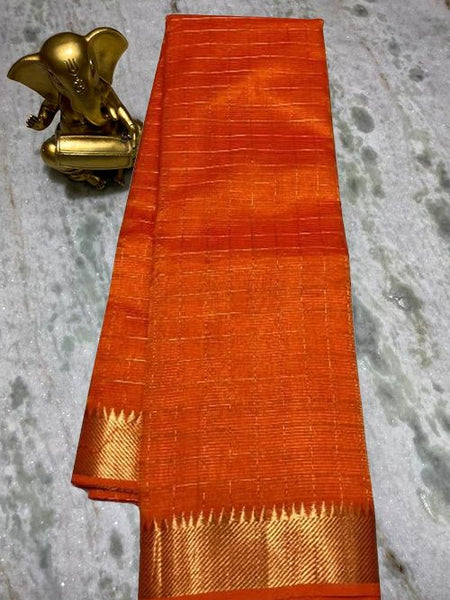 Cotton Silk Handloom Bhgalpuri Check Saree with Gold Zari Border with Blouse Piece for Women (100164 Bright_Orange)
