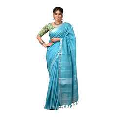 Linen Cotton Blend Handloom Bhagalpuri Saree with Zari Border (12797 Peloruese_Cyan ) - View 3