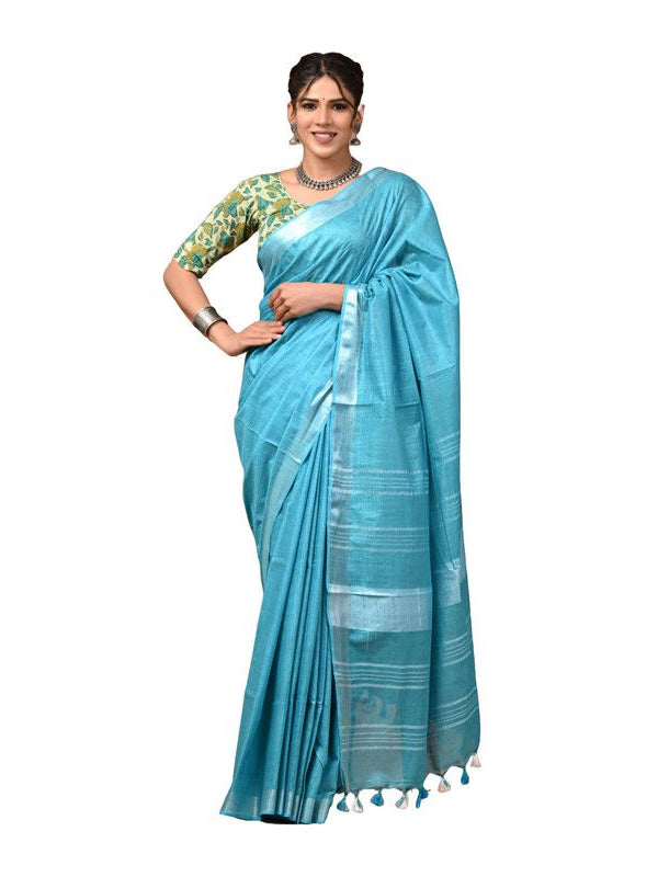 Linen Cotton Blend Handloom Bhagalpuri Saree with Zari Border (12797 Peloruese_Cyan ) - View 3