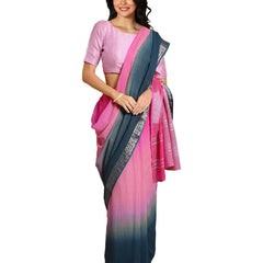 Hot Pink & Cerulean Blue women's Bhagalpuri Handloom Linen Cotton Blend Two Dye Saree With Running Unstitched Blouse Piece