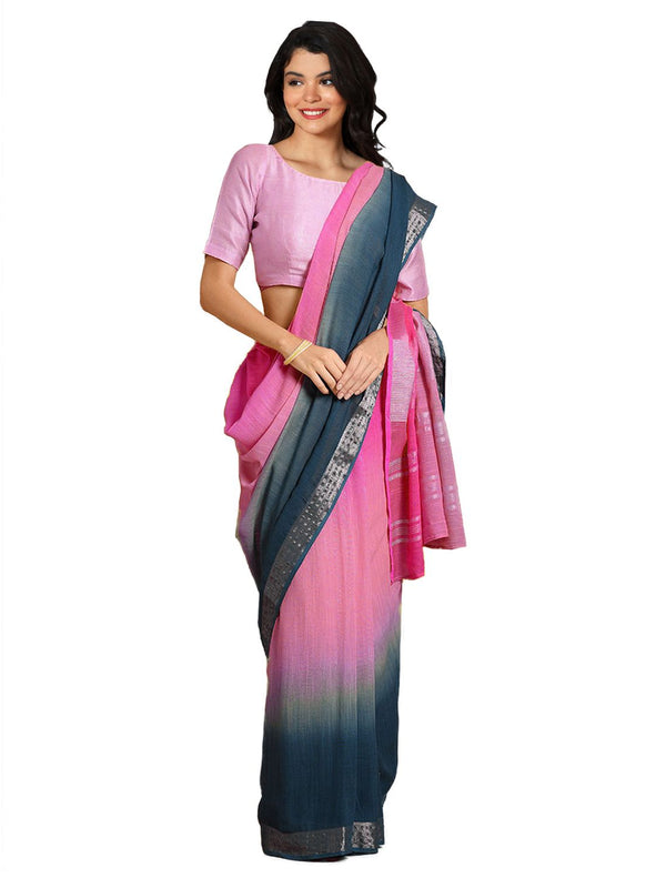 Hot Pink & Cerulean Blue women's Bhagalpuri Handloom Linen Cotton Blend Two Dye Saree With Running Unstitched Blouse Piece