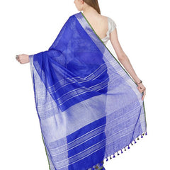 Duke Blue women's Bhagalpuri Handloom Cotton Linen Blend Saree With Contrast Unstiched Blouse Piece - View 4