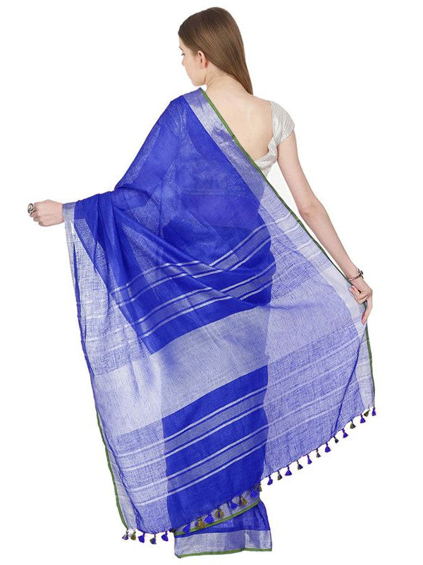Duke Blue women's Bhagalpuri Handloom Cotton Linen Blend Saree With Contrast Unstiched Blouse Piece - View 4