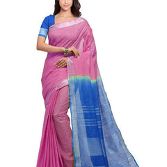 Thulian Pink & Azure Cyan women's Bhagalpuri Handloom Ethnic Wear Linen Two Dye Saree With Running Unstitched Blouse Piece