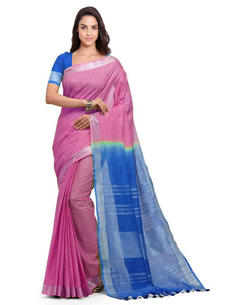 Thulian Pink & Azure Cyan women's Bhagalpuri Handloom Ethnic Wear Linen Two Dye Saree With Running Unstitched Blouse Piece