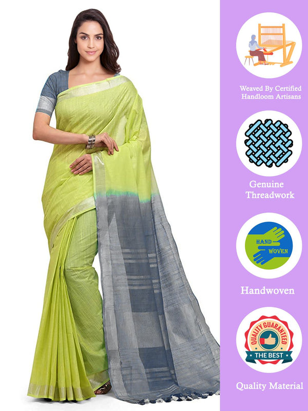 Lime Green & Grey women's Handloom Bhagalpuri Linen Cotton Slub Blend Two Dye Saree With Running Unstitched Blouse Piece - View 2