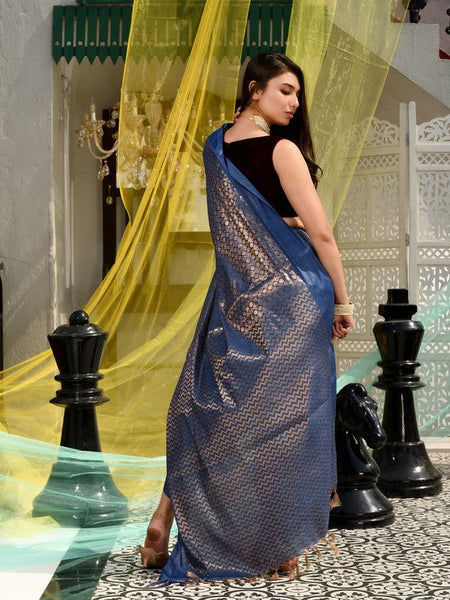 Bhagalpuri Cotton Tissue Silk Handloom Motif Designer Saree (Rhinaya_Blue) - View 5