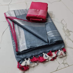 Handloom Bhagalpuri Linen Cotton Blend Contrast Border Saree for Women (12632 Grey-Pink)