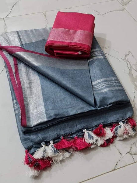 Handloom Bhagalpuri Linen Cotton Blend Contrast Border Saree for Women (12632 Grey-Pink)