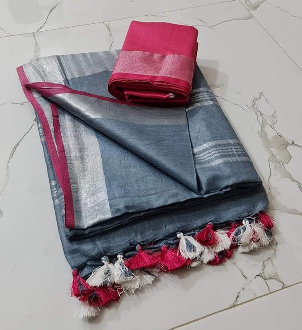 Handloom Bhagalpuri Linen Cotton Blend Contrast Border Saree for Women (12632 Grey-Pink)