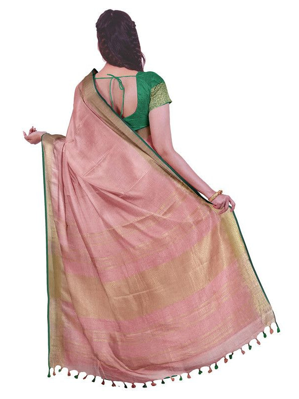 Baby Pink women's Bhagalpuri Handloom Cotton Linen Blend Saree With Contrast Unstiched Blouse Piece - View 6