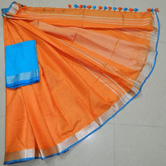 Orange women's Bhagalpuri Blend Linen Saree With Free Contrast Blouse Piece - View 5