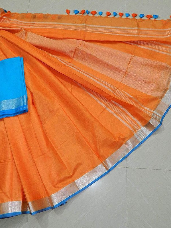 Orange women's Bhagalpuri Blend Linen Saree With Free Contrast Blouse Piece - View 5