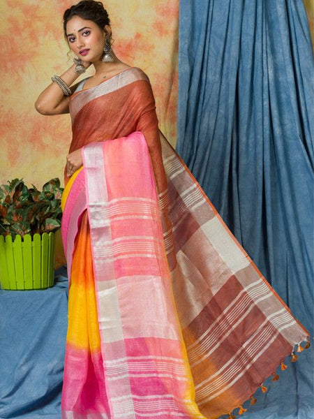 Multi Color Dye Handloom Linen Bhagalpuri Saree for women's - View 4