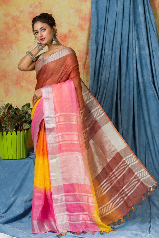 Multi Color Dye Handloom Linen Bhagalpuri Saree for women's - View 4